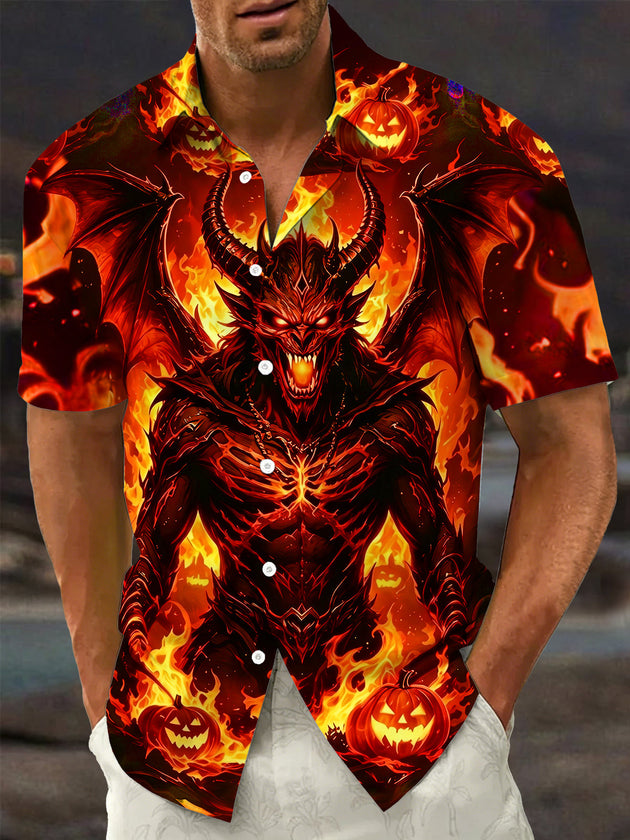 Adaychic Flame Demon And Pumpkins Men's Pocket Short Sleeve Shirts