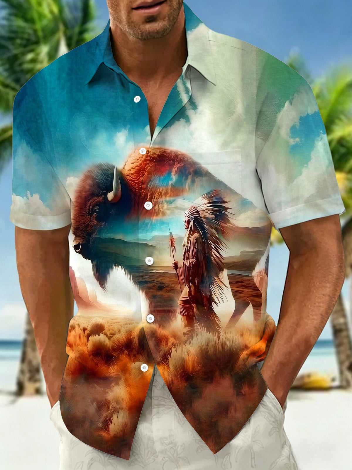 Adaychic Men's Hawaiian Sky And Landscape Print Short Sleeve Shirt with Chest Pocket