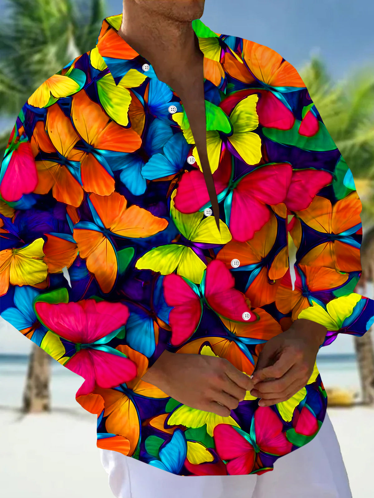 Adaychic Men's Hawaiian Colorful Butterflies Print Long Sleeve Shirt with Chest Pocket