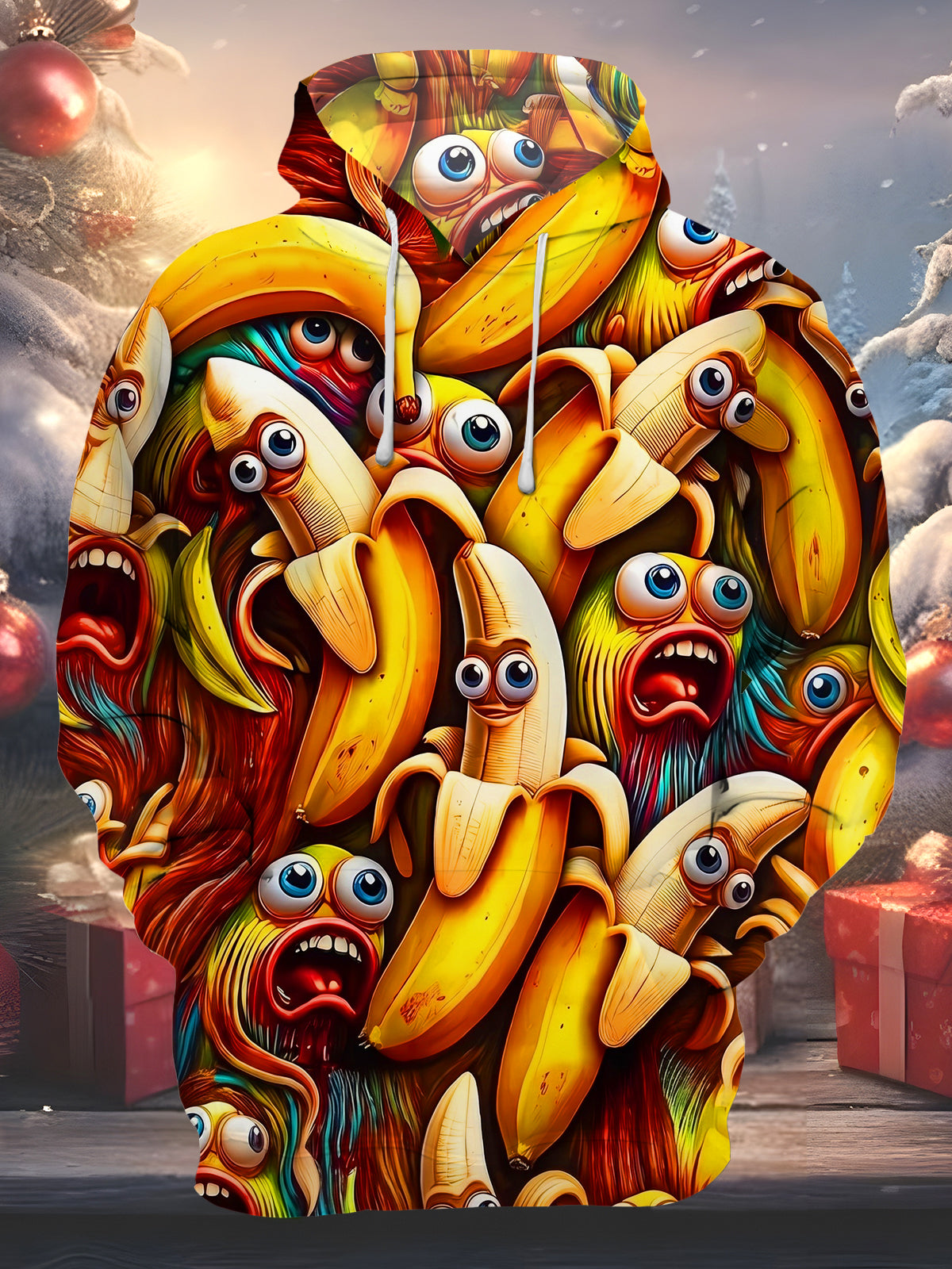 Adaychic Men's Graphic Banana Monsters Print Long Sleeve Hoodie with Chest Pocket
