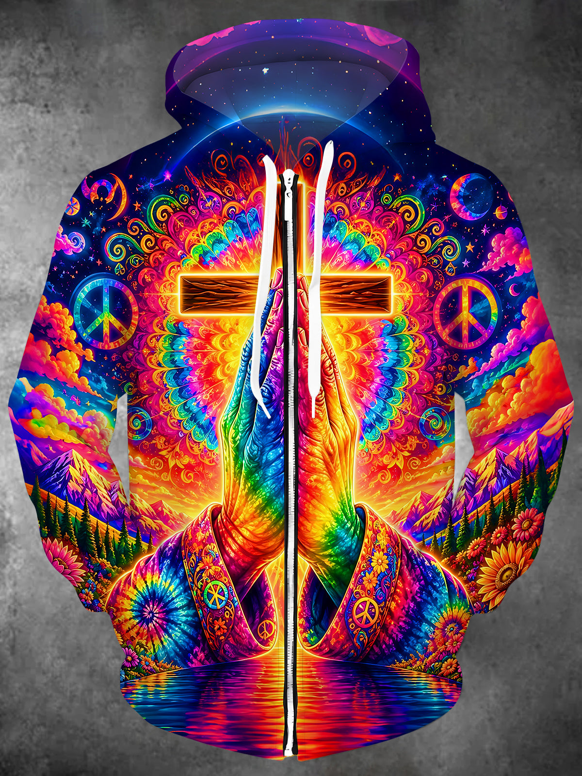 Adaychic Men's Tie Dye Praying Hands Print Cross Print Long Sleeve Sweatshirt with Chest Pocket