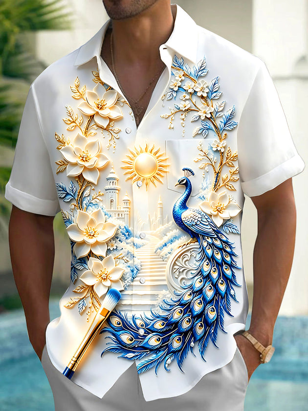Adaychic Men's Printed Peacock Print Floral Relief Print Short Sleeve Shirt with Chest Pocket