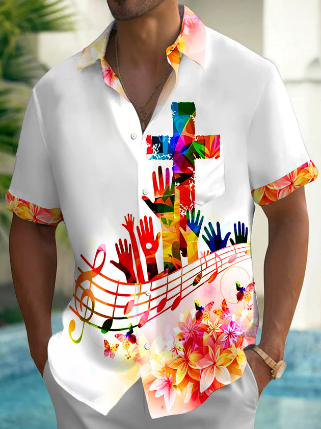 Adaychic Men's Graphic Colorful Cross Print Short Sleeve Shirt with Chest Pocket