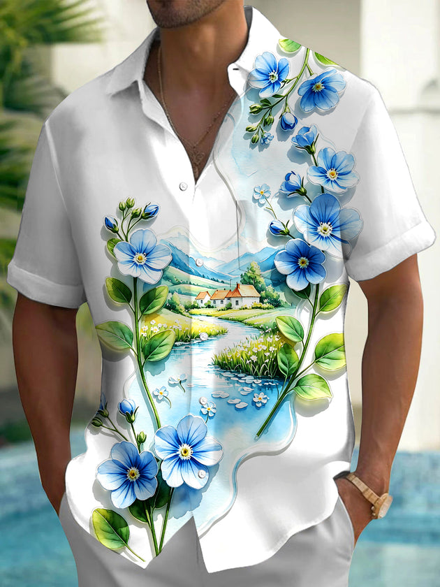 Adaychic Men's Printed Floral Landscape Print Short Sleeve Shirt with Chest Pocket