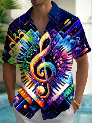 Adaychic Men's Graphic Colorful Piano Keyboard Print Short Sleeve Shirt with Chest Pocket
