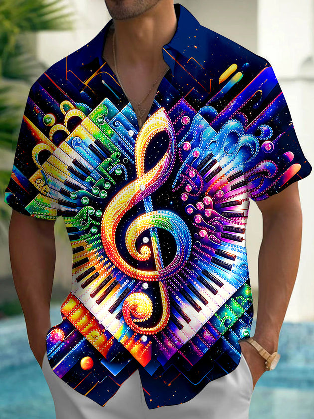 Adaychic Men's Graphic Colorful Piano Keyboard Print Short Sleeve Shirt with Chest Pocket