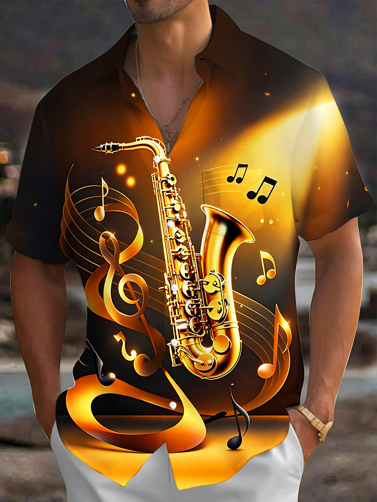 Adaychic Men's Graphic Golden Saxophone Print Short Sleeve Shirt with Chest Pocket