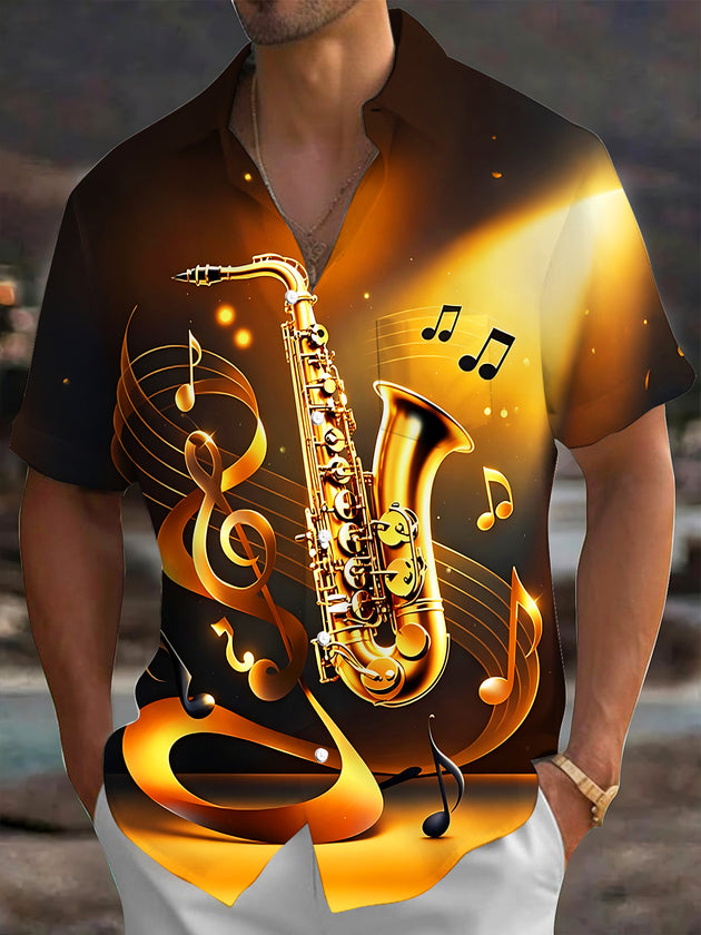 Adaychic Men's Graphic Golden Saxophone Print Short Sleeve Shirt with Chest Pocket