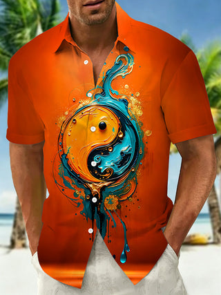 Adaychic Art Abstract Orange‑Blue Yin Yang Fluid Men's Printed Short Sleeve Shirt with Chest Pocket