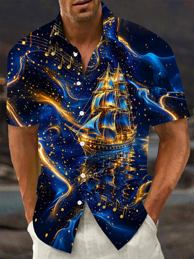 Adaychic Men's Printed Sailing Ship Print Music Notes Print Short Sleeve Shirt with Chest Pocket