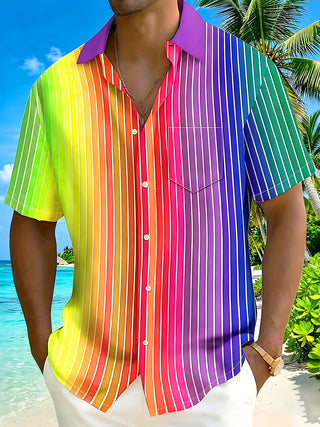 Adaychic Men's Striped Rainbow Gradient Stripes Print Short Sleeve Shirt with Chest Pocket