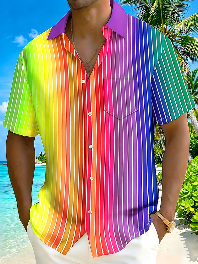 Adaychic Men's Striped Rainbow Gradient Stripes Print Short Sleeve Shirt with Chest Pocket