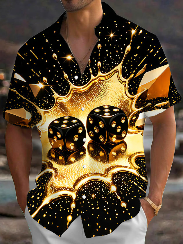 Adaychic Men's Printed Gold Dice Splash Print Short Sleeve Shirt with Chest Pocket