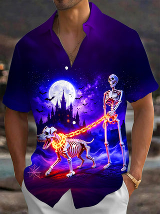 Adaychic Men's Graphic Skeleton Walking Dog Print Short Sleeve Shirt with Chest Pocket