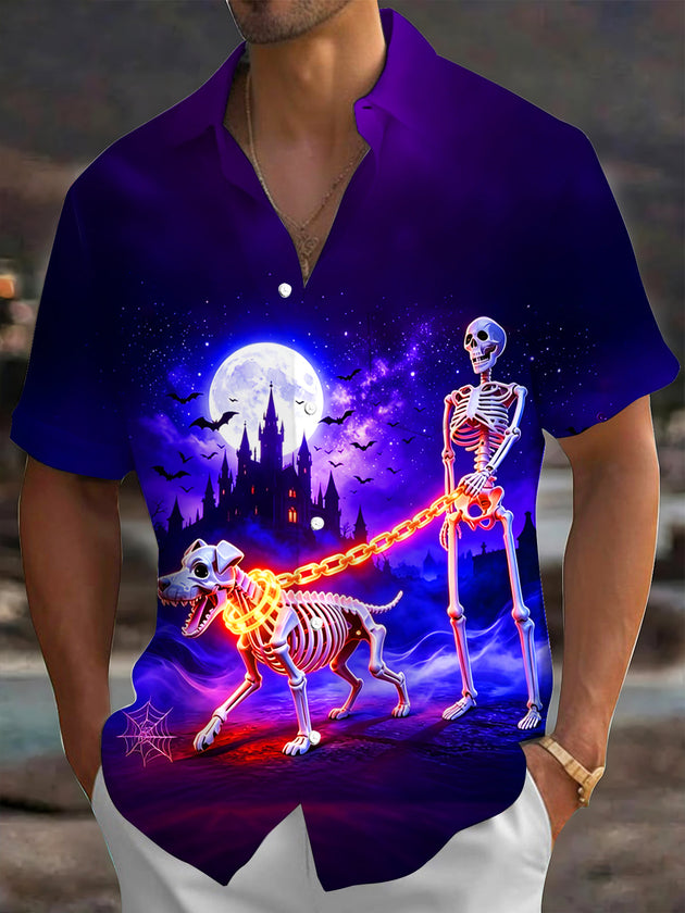 Adaychic Men's Graphic Skeleton Walking Dog Print Short Sleeve Shirt with Chest Pocket