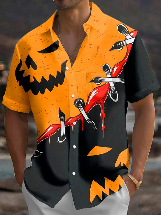 Adaychic Men's Graphic Color Block Print Short Sleeve Shirt with Chest Pocket