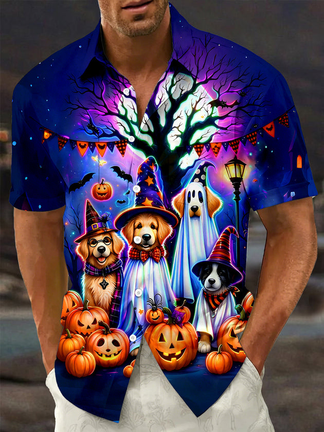 Adaychic Men's Graphic Halloween Dogs In Costumes Print Short Sleeve Shirt with Chest Pocket