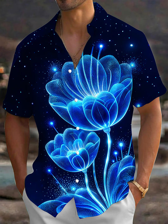 Adaychic Men's Printed Glowing Blue Lotus Print Short Sleeve Shirt with Chest Pocket