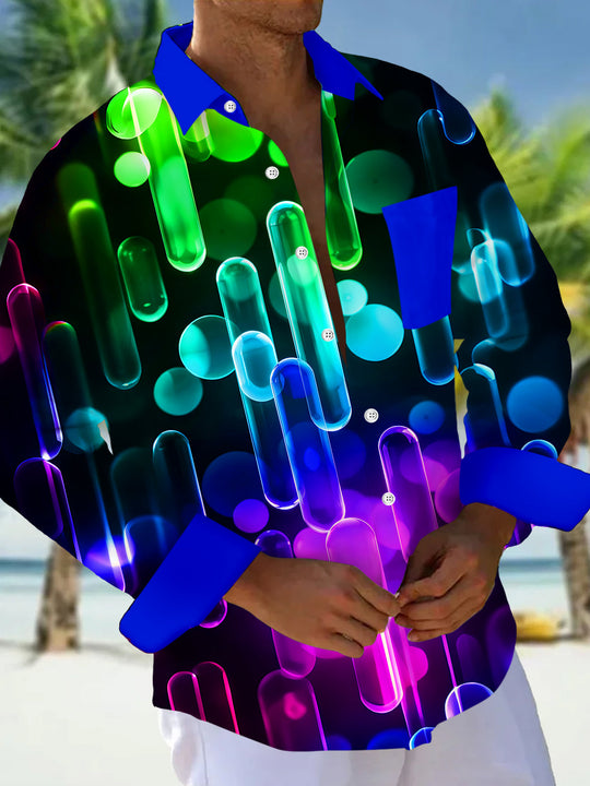 Adaychic Men's Printed Neon Gradient Tubes Print Long Sleeve Shirt with Chest Pocket