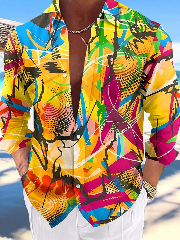 Adaychic Men's Graphic Abstract Colorful Graffiti Print Long Sleeve Shirt with Chest Pocket