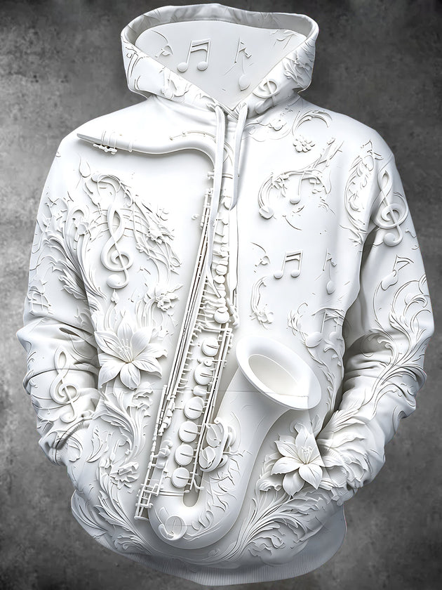 Adaychic Men's Graphic Saxophone Relief Print Floral Pattern Long Sleeve Hoodie with Chest Pocket