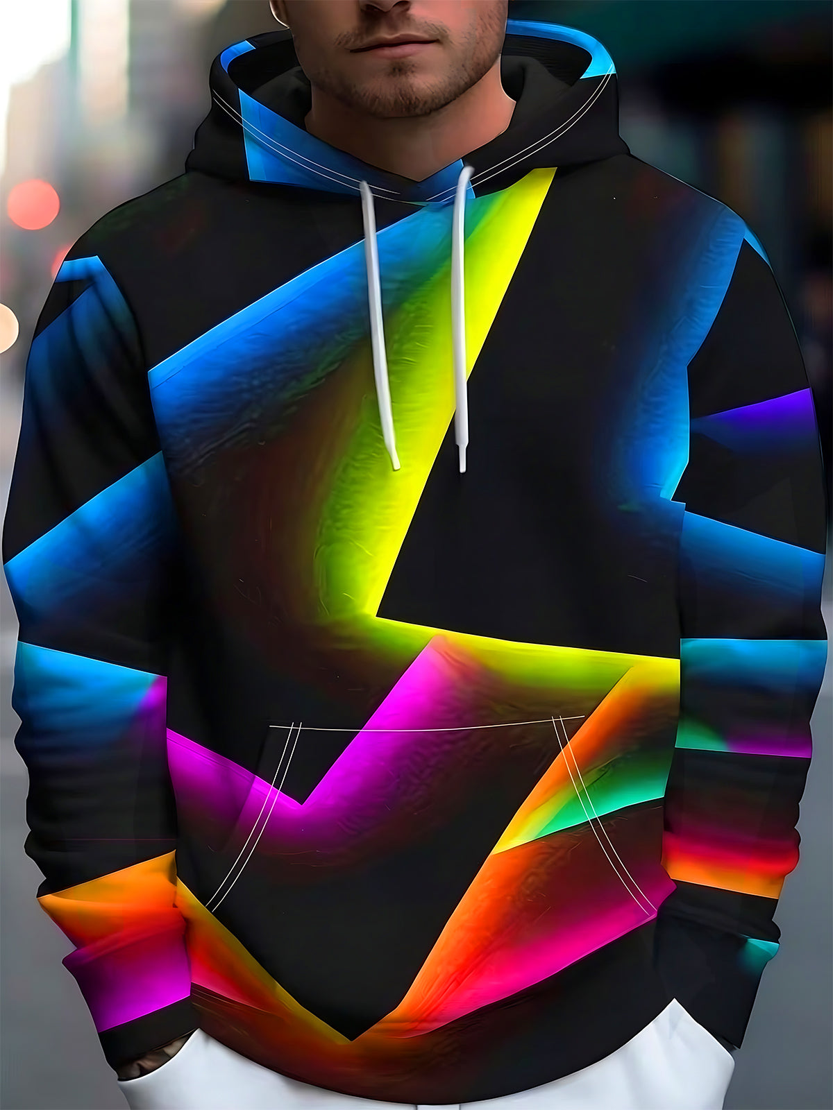 Adaychic Men's Printed Colorful Geometric Lightning Print Long Sleeve Hoodie with Chest Pocket