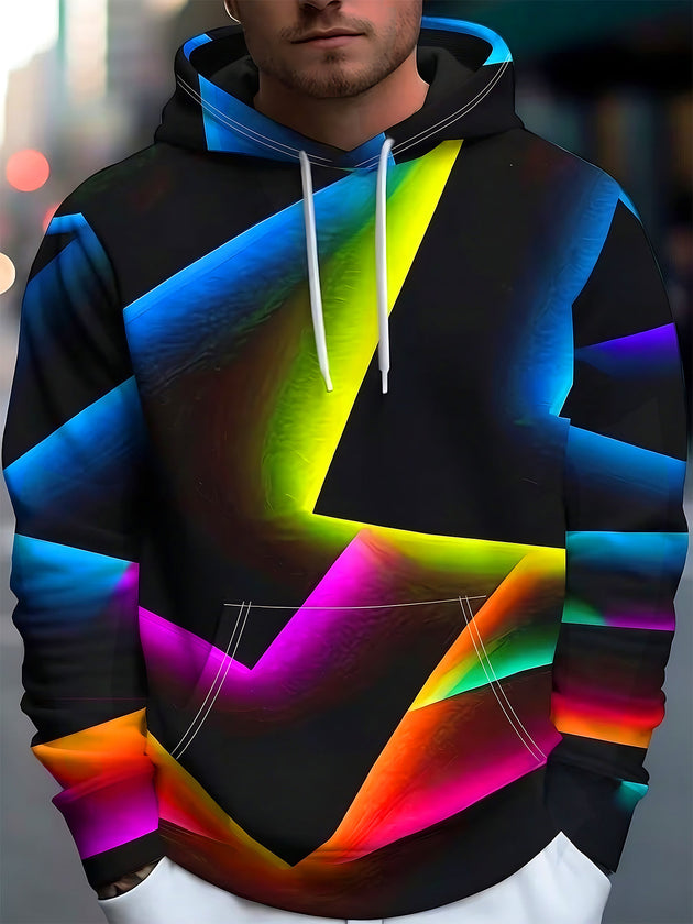 Adaychic Men's Printed Colorful Geometric Lightning Print Long Sleeve Hoodie with Chest Pocket