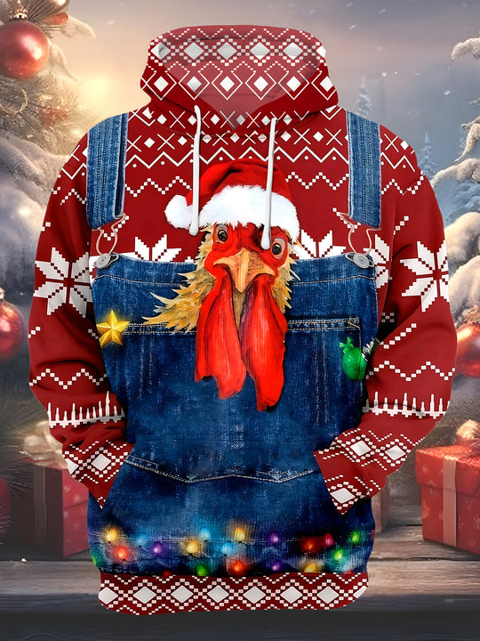 Adaychic Men's Graphic Christmas Rooster Print Long Sleeve Hoodie with Chest Pocket