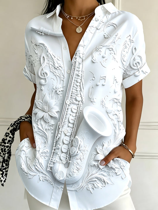 Adaychic Women's Graphic 3D Saxophone Relief Print Short Sleeve Shirt