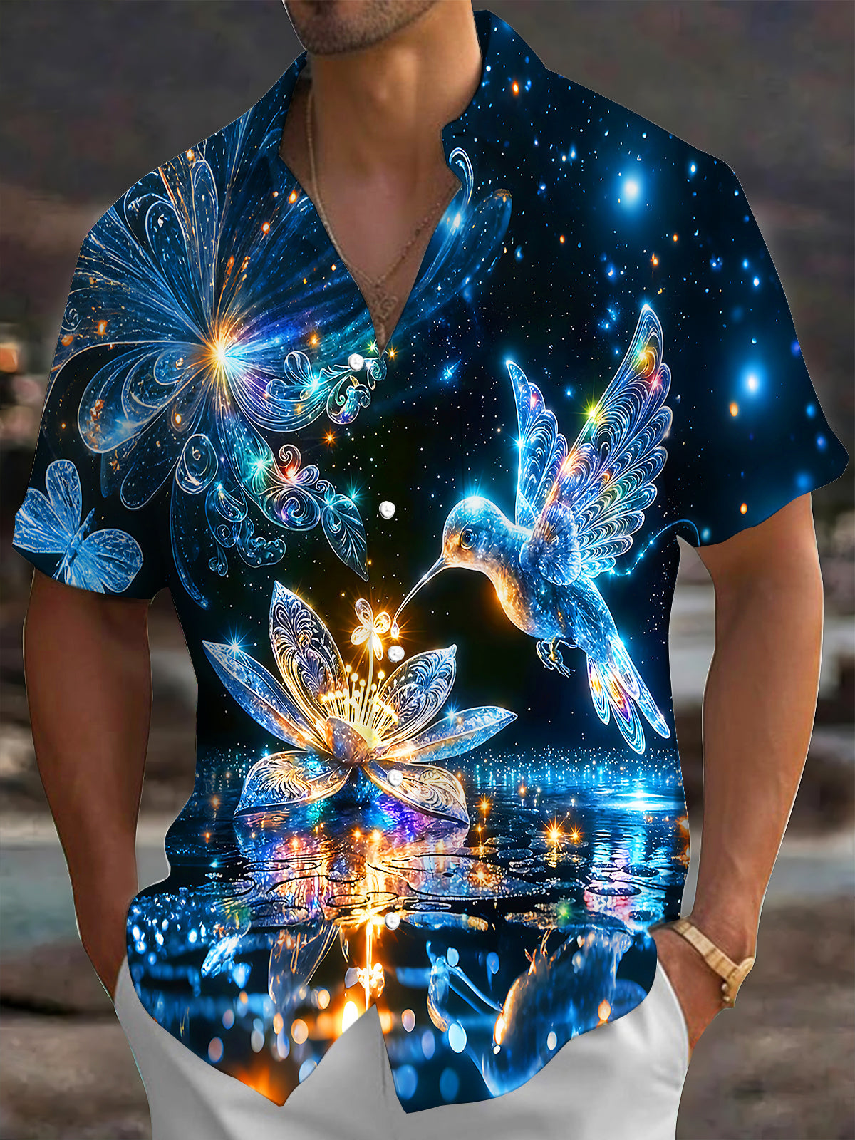 Adaychic Men's Hawaiian Starry Night Sky Print Short Sleeve Shirt with Chest Pocket