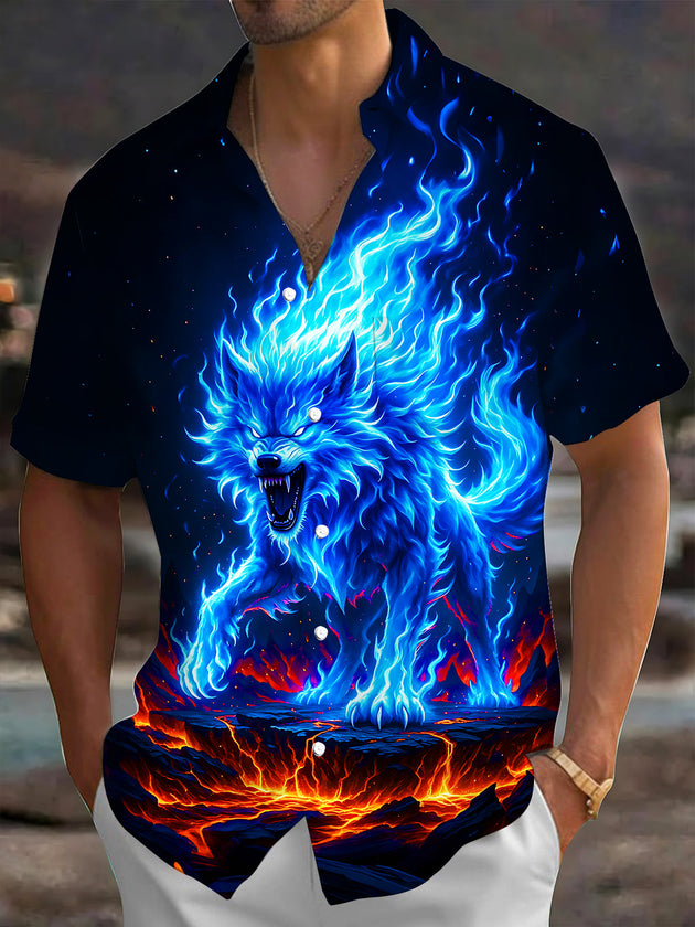 Adaychic Men's Graphic Blue Flame Wolf Print Short Sleeve Shirt with Chest Pocket