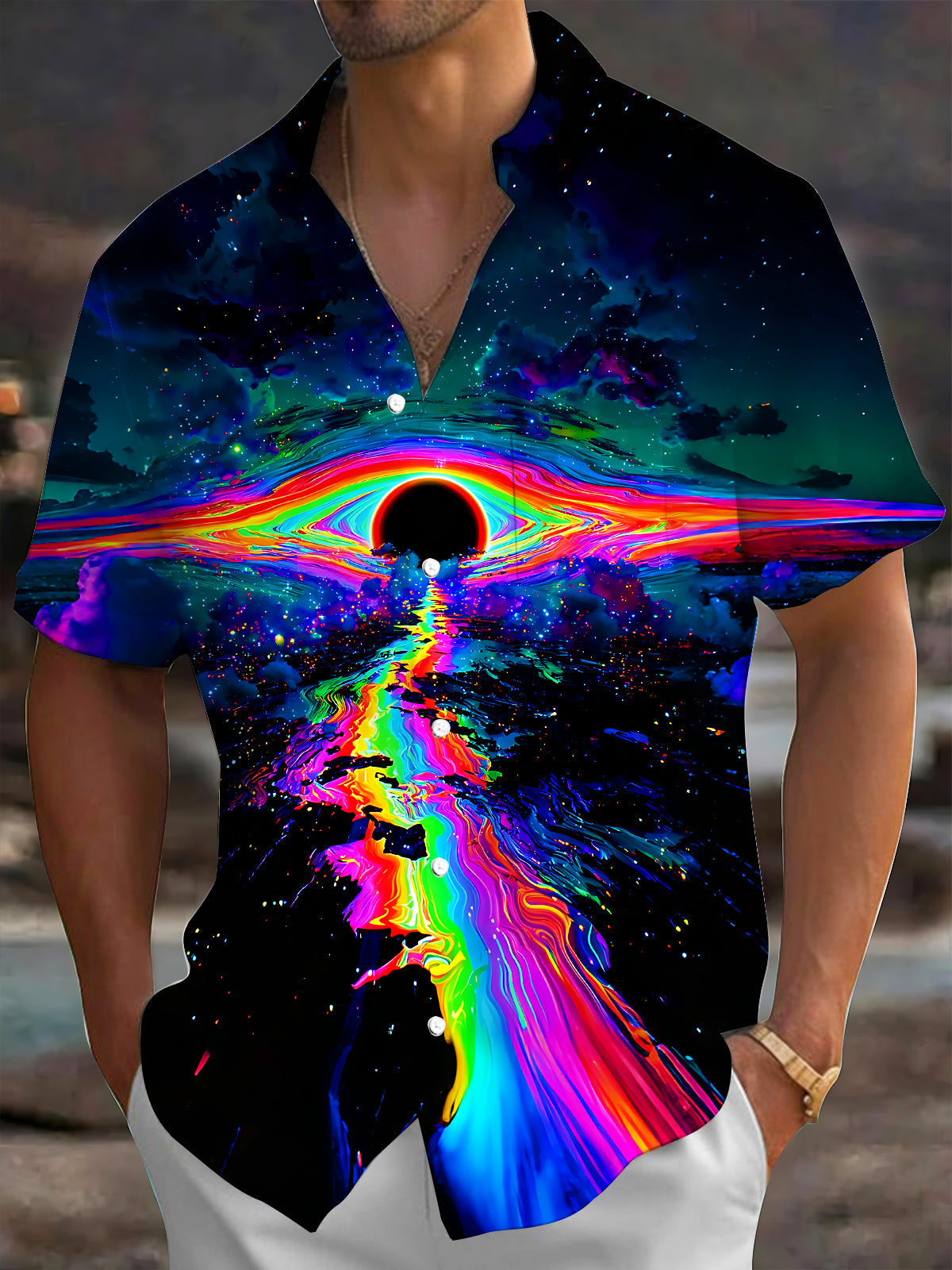 Adaychic Men's Graphic Rainbow Eclipse Print Short Sleeve Shirt with Chest Pocket