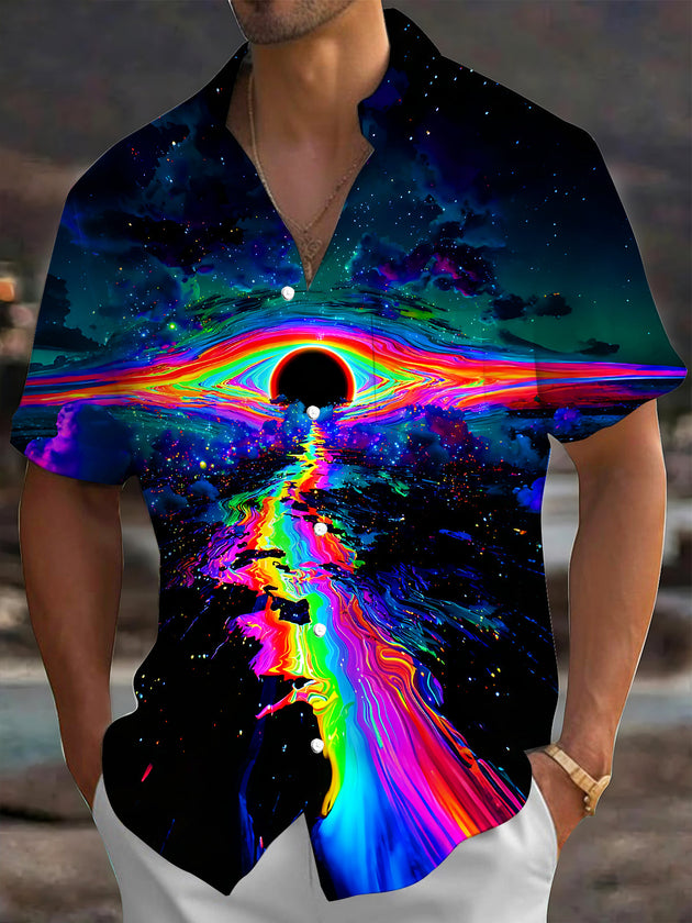 Adaychic Men's Graphic Rainbow Eclipse Print Short Sleeve Shirt with Chest Pocket