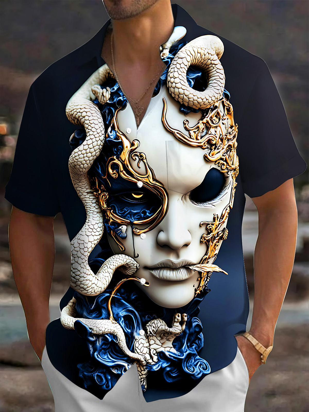 Adaychic Men's Graphic 3D Snake Mask Print Short Sleeve Shirt with Chest Pocket
