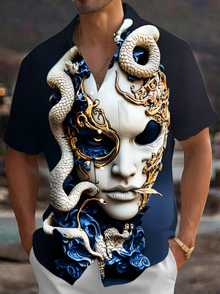 Adaychic Men's Graphic 3D Snake Mask Print Short Sleeve Shirt with Chest Pocket