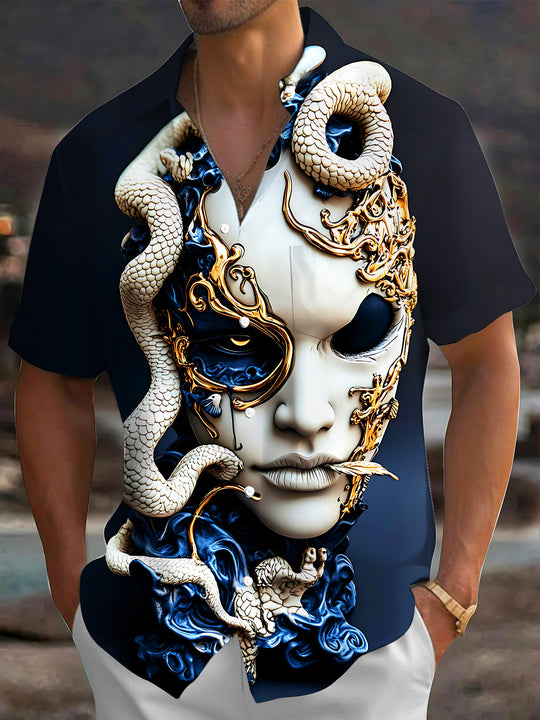 Adaychic Men's Graphic 3D Snake Mask Print Short Sleeve Shirt with Chest Pocket