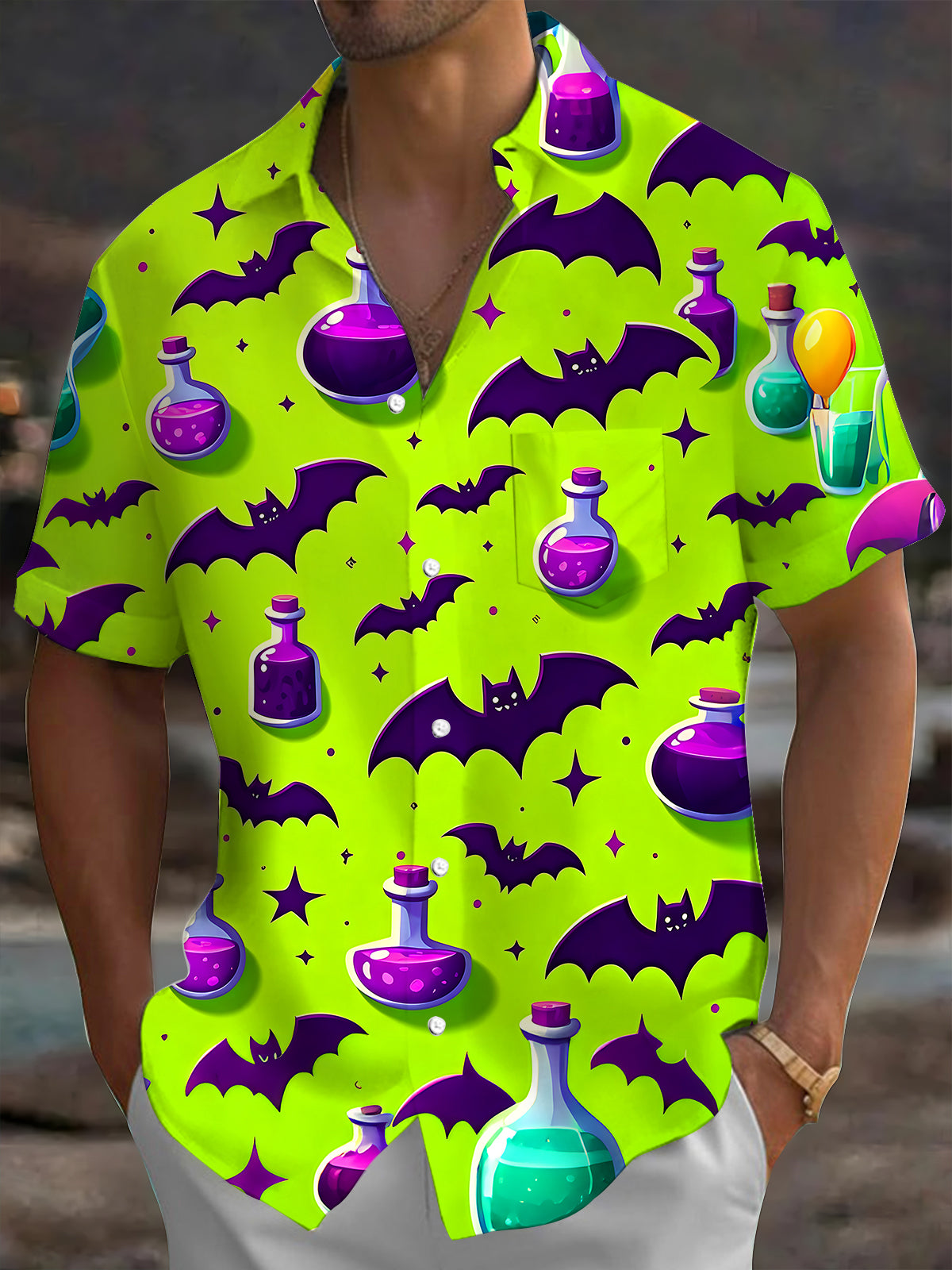 Adaychic Men's Hawaiian Halloween Potion Bats Print Short Sleeve Shirt with Chest Pocket