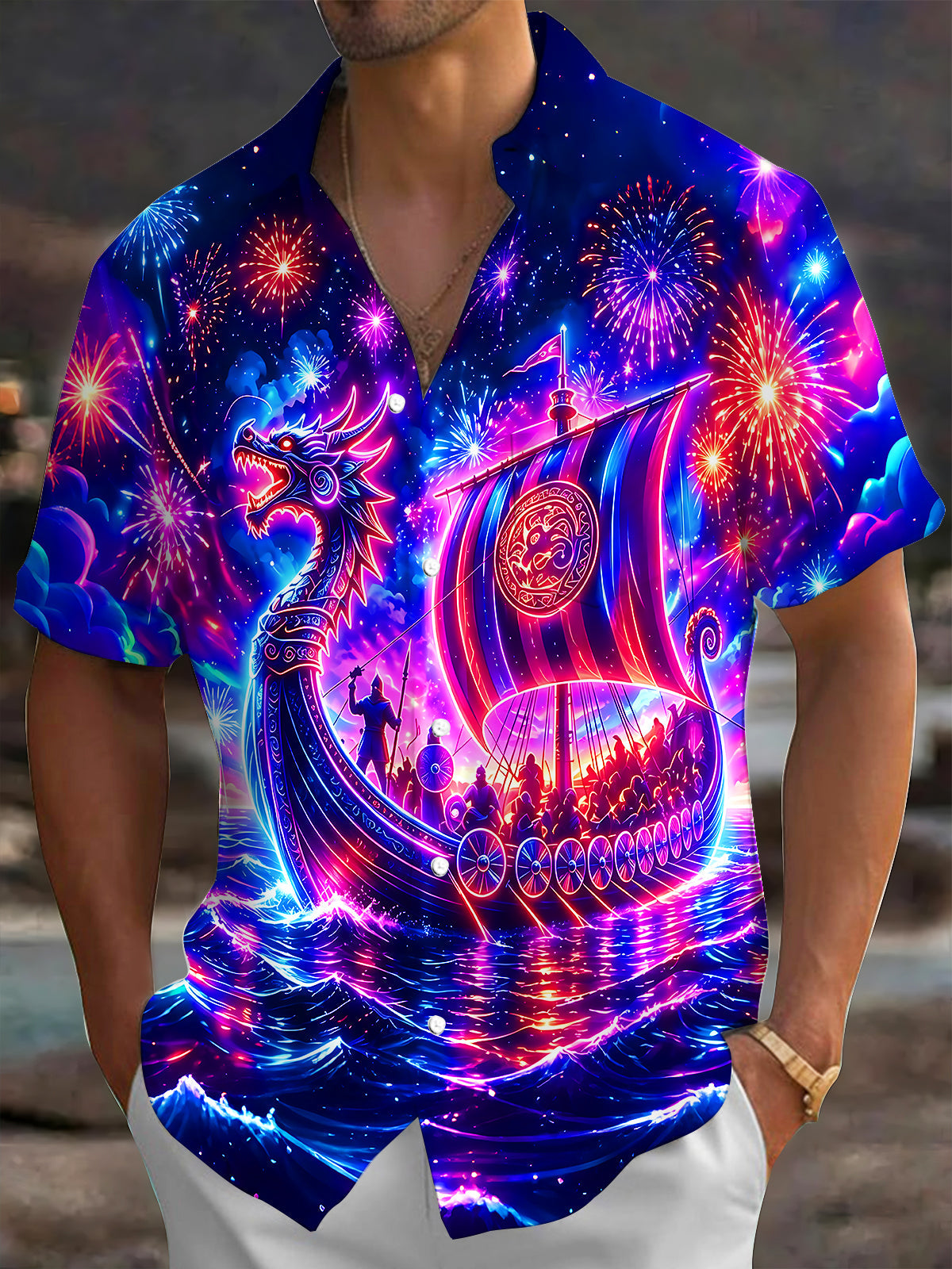 Adaychic Men's Graphic Neon Dragon Ship Print Short Sleeve Shirt with Chest Pocket