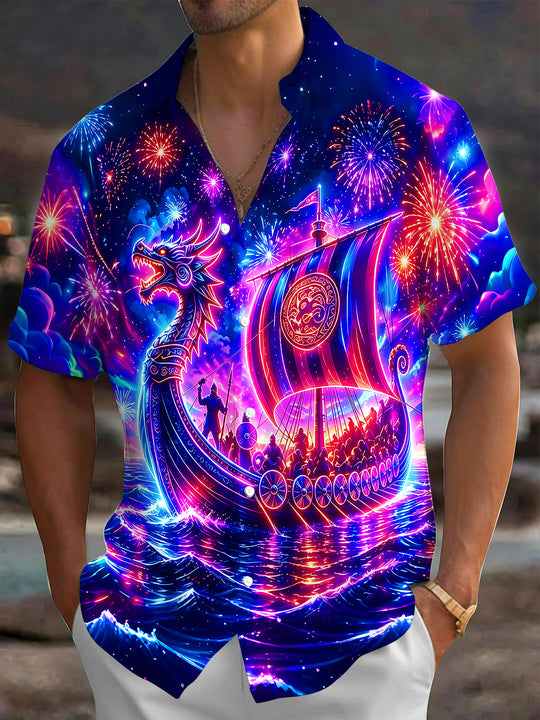 Adaychic Men's Graphic Neon Dragon Ship Print Short Sleeve Shirt with Chest Pocket