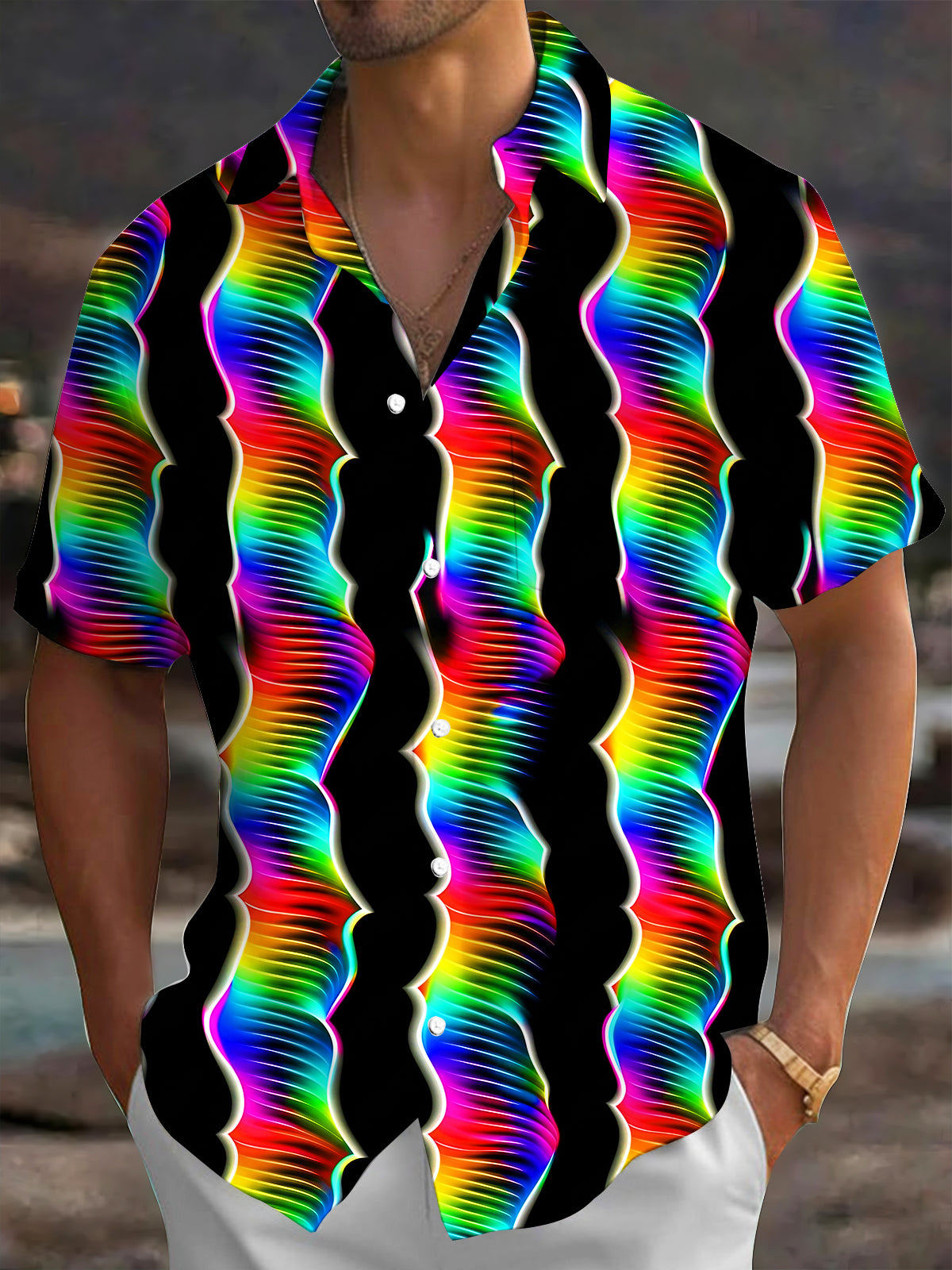 Adaychic Men's Retro Rainbow Wavy Lines Print Short Sleeve Shirt with Chest Pocket