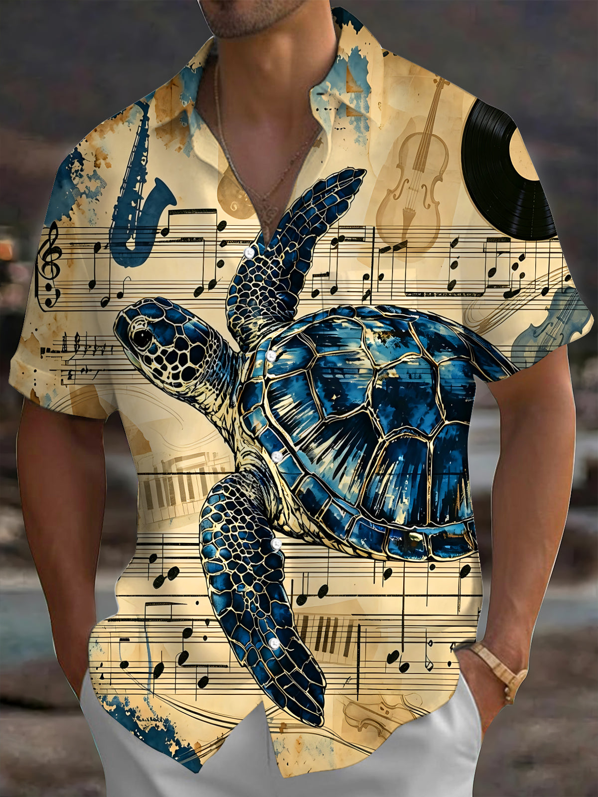 Adaychic Men's Vintage Style Sea Turtle Print Short Sleeve Shirt with Chest Pocket