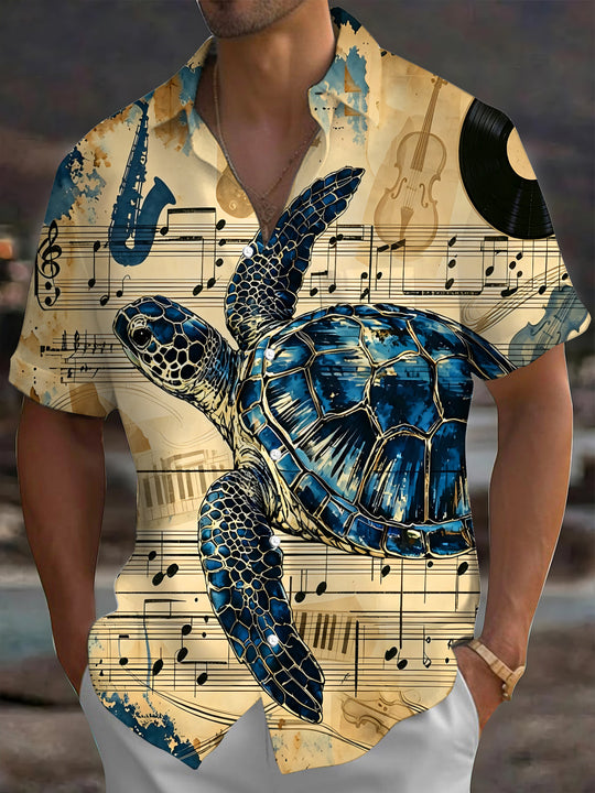 Adaychic Men's Vintage Style Sea Turtle Print Short Sleeve Shirt with Chest Pocket