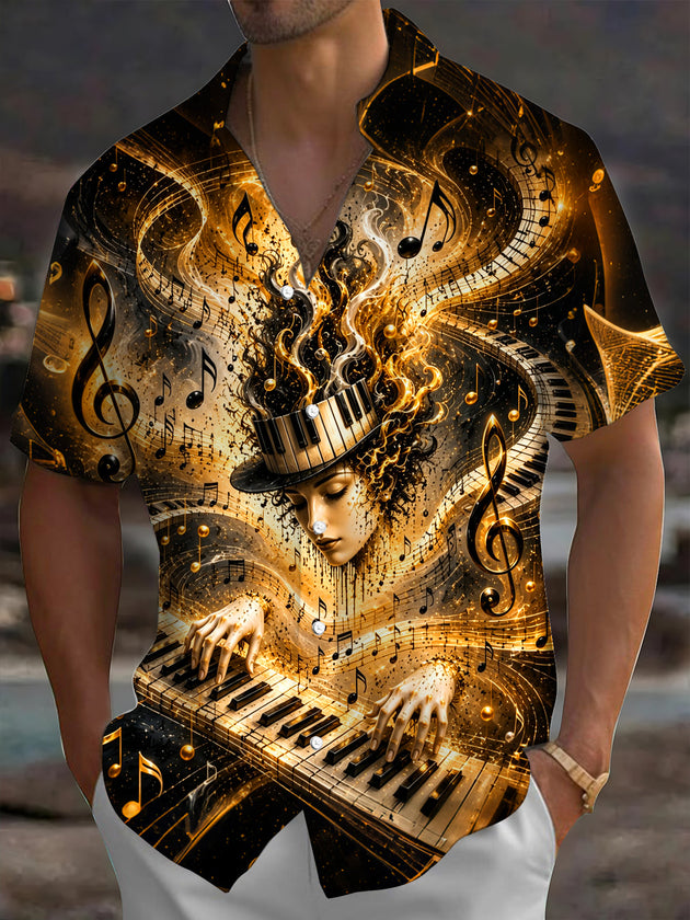 Adaychic Men's Graphic Treble Clef Print Short Sleeve Shirt with Chest Pocket