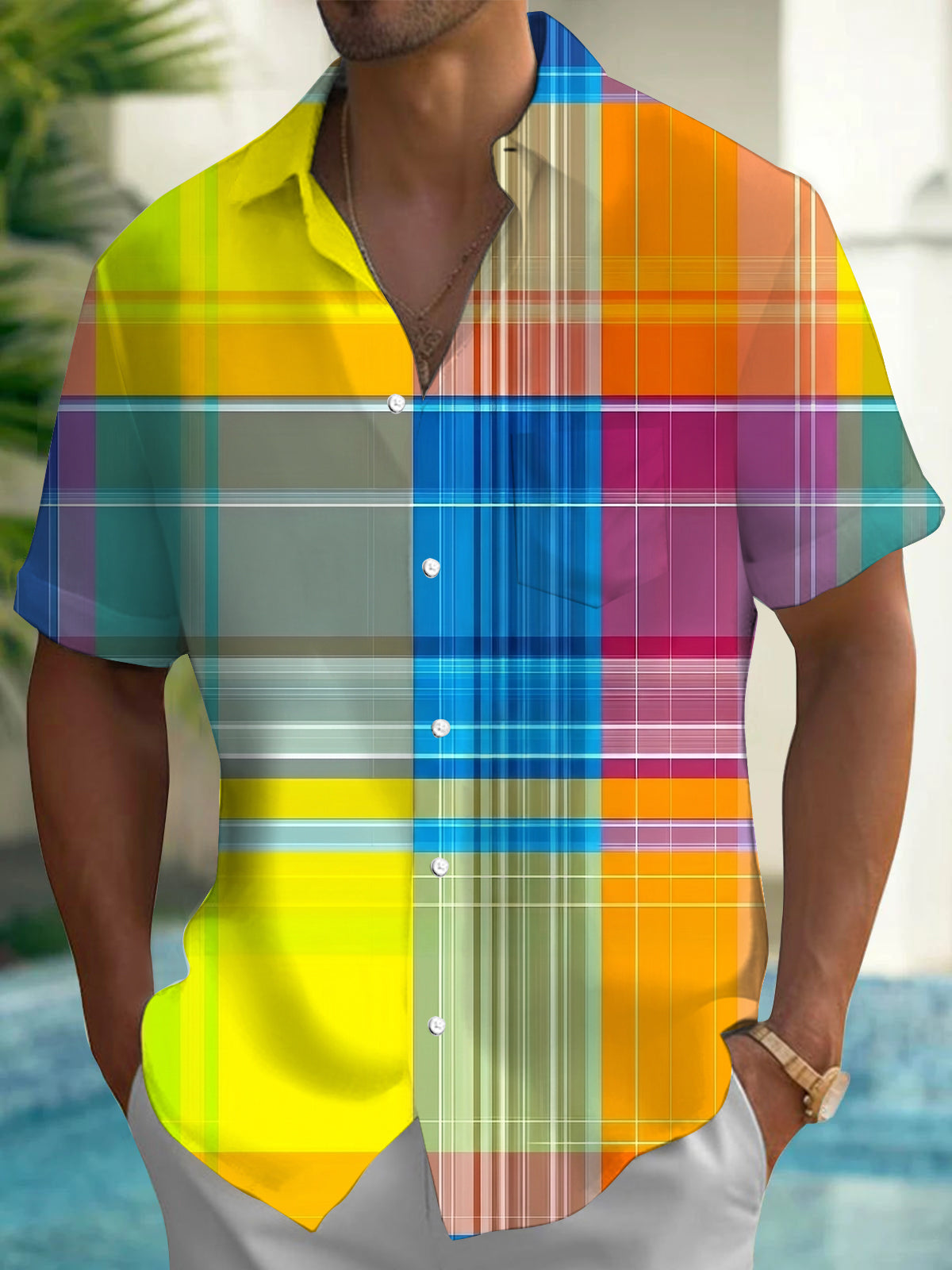 Adaychic Men's Printed Colorful Plaid Pattern Short Sleeve Shirt with Chest Pocket