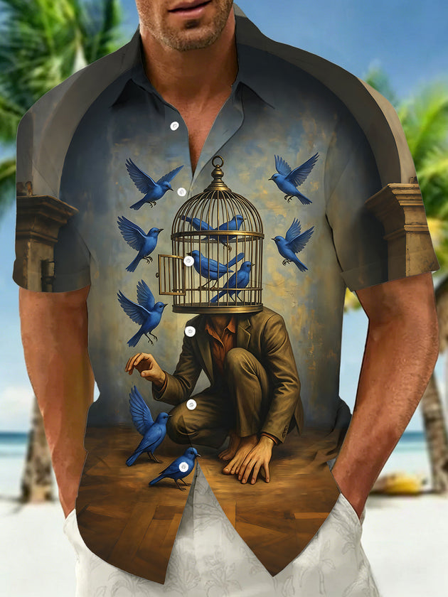 Adaychic Men's Graphic Surreal Birdcage Print Short Sleeve Shirt with Chest Pocket