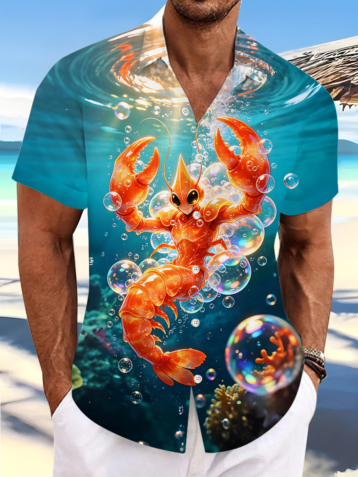 Adaychic Men's Hawaiian Lobster Underwater Scene Print Short Sleeve Shirt with Chest Pocket