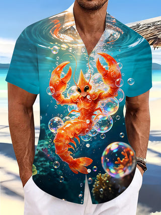 Adaychic Men's Hawaiian Lobster Underwater Scene Print Short Sleeve Shirt with Chest Pocket