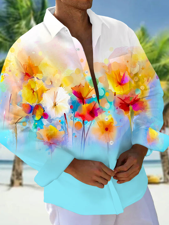 Adaychic Men's Printed Watercolor Floral Print Long Sleeve Shirt with Chest Pocket