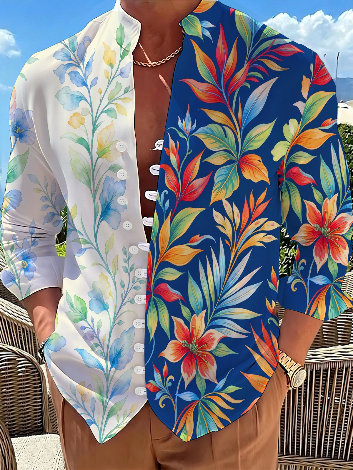 Adaychic Men's Hawaiian Tropical Leaves Print Floral Pattern Long Sleeve Shirt