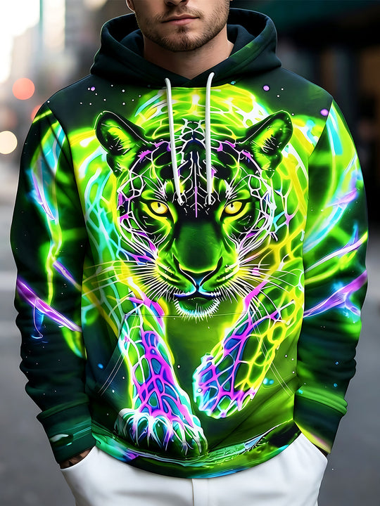 Adaychic Men's Graphic Neon Tiger Face Print Long Sleeve Hoodie with Chest Pocket
